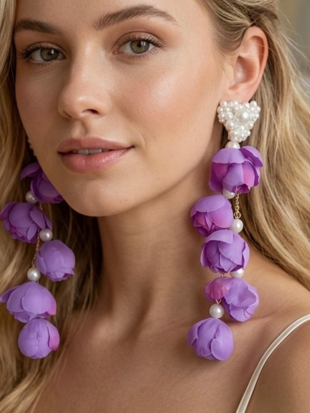 Lavender Floral Pearl Drop Earrings